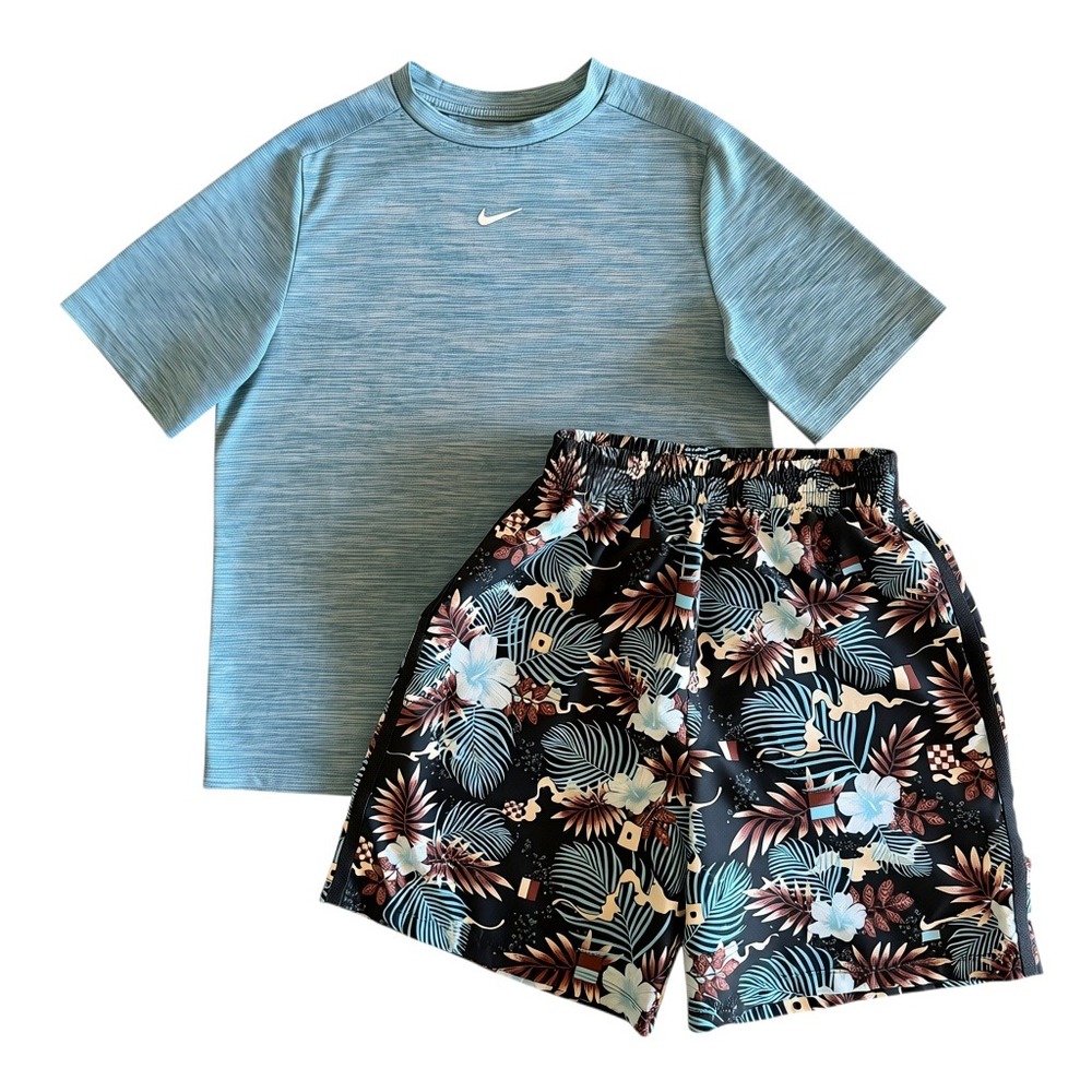 Nike Boys Blue Tropical Print Dri-FIT Athletic Shirt Shorts Outfit - Youth XL
